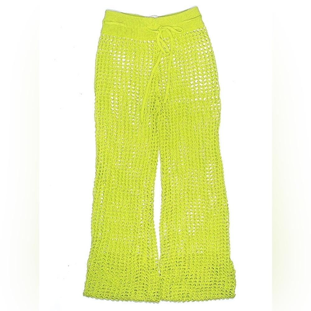 Lime Green Net Style Open Knit Flared Pants - image 1